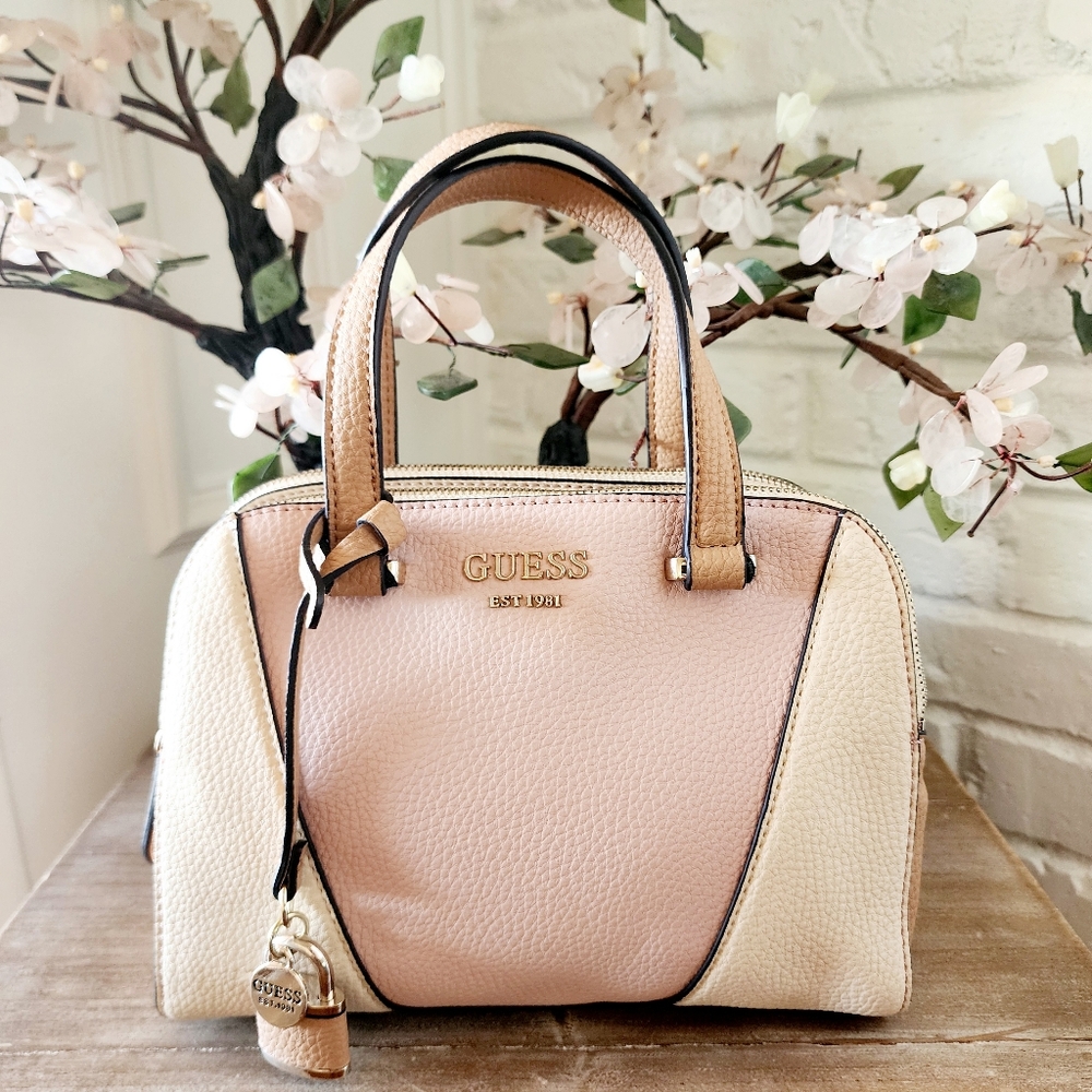 GUESS Vegan Leather Satchel Purse | Pink + Cream + Tan, Zip pocket, Everyday Bag